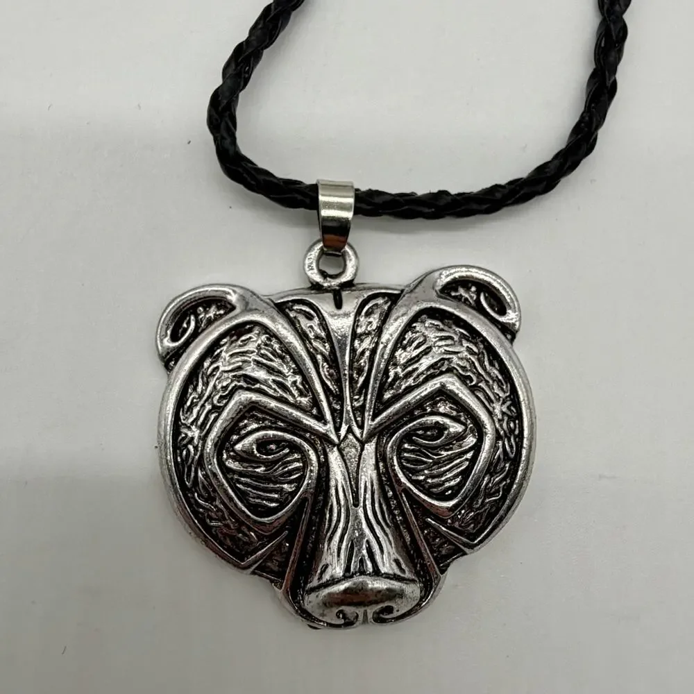 Tribal Bear Pendant Necklace Braided Leather Cord Silver Tone Animal Totem Boho